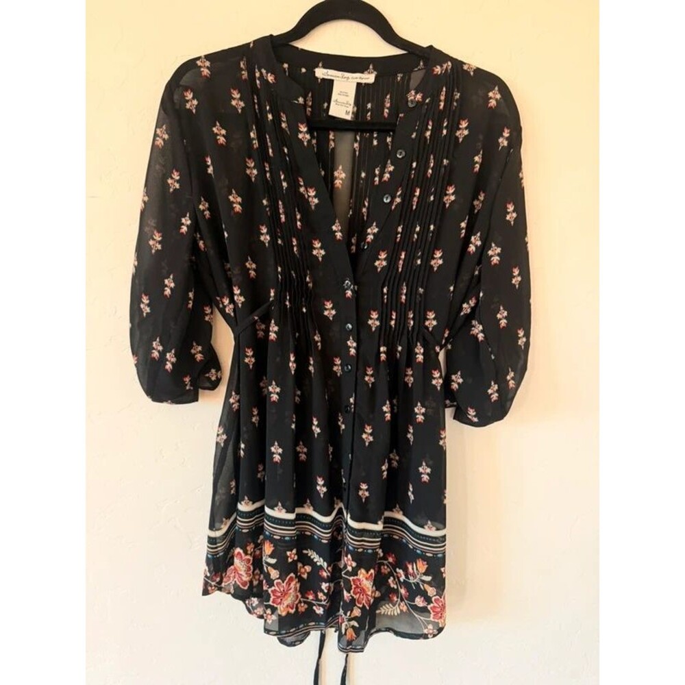 American Rag Semi Sheer Black Floral Flowy Dark Cottage Blouse Size M